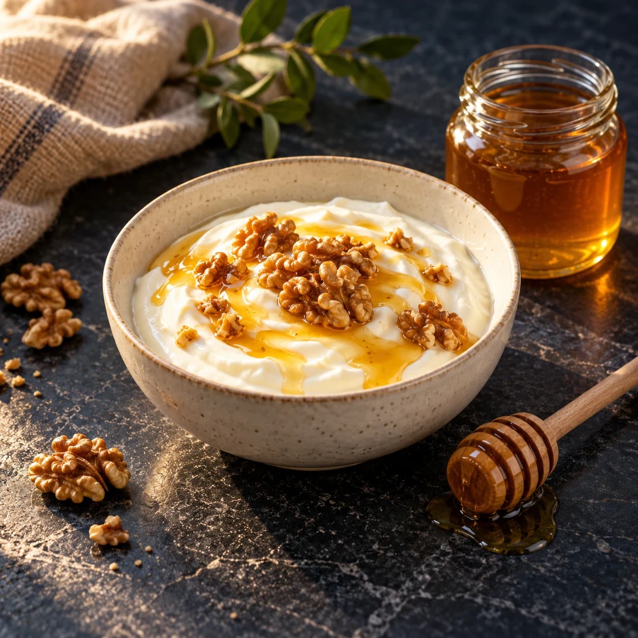 A bowl of yogurt with walnuts and a drizzle of honey