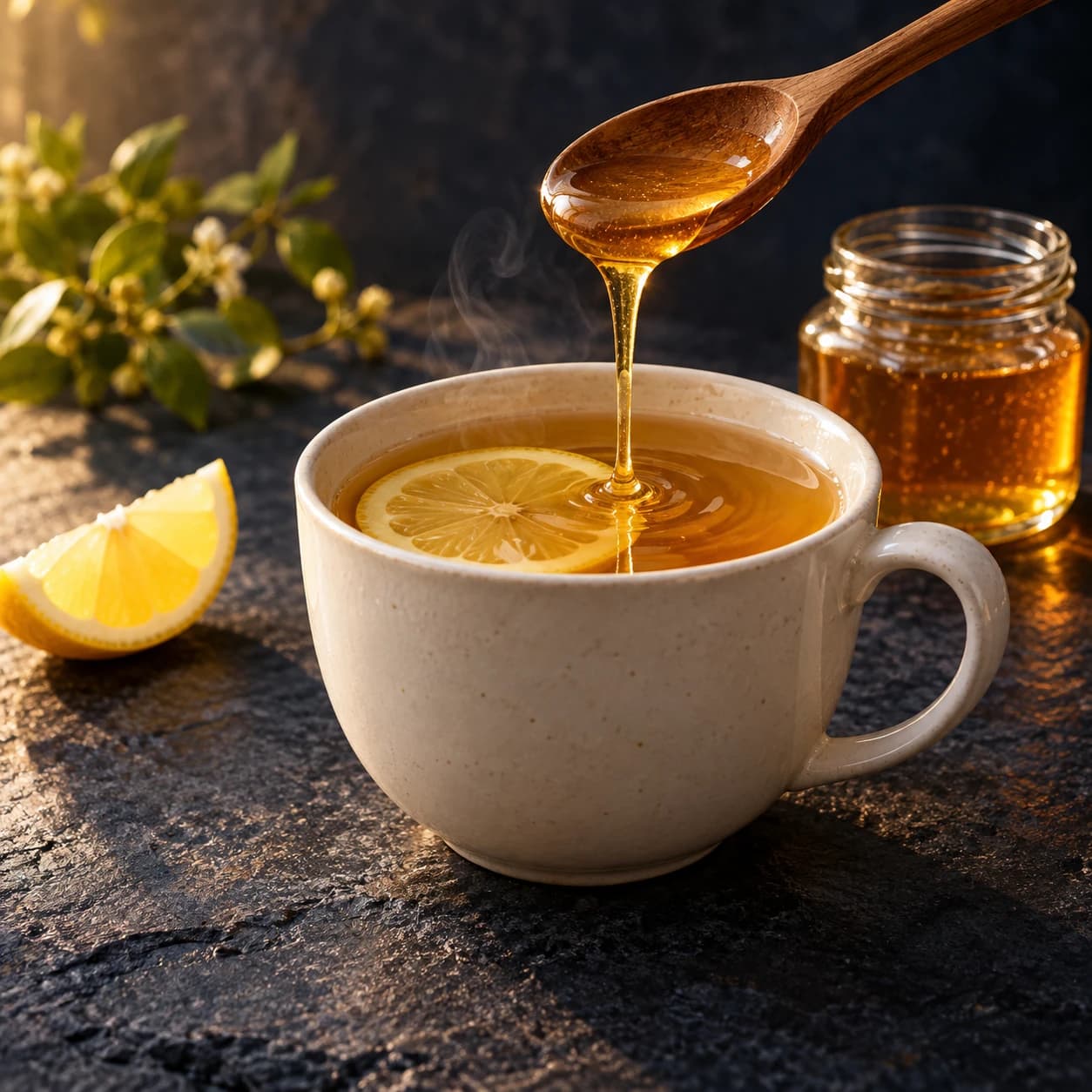 Warm lemon tea with honey ready to stir into the cup